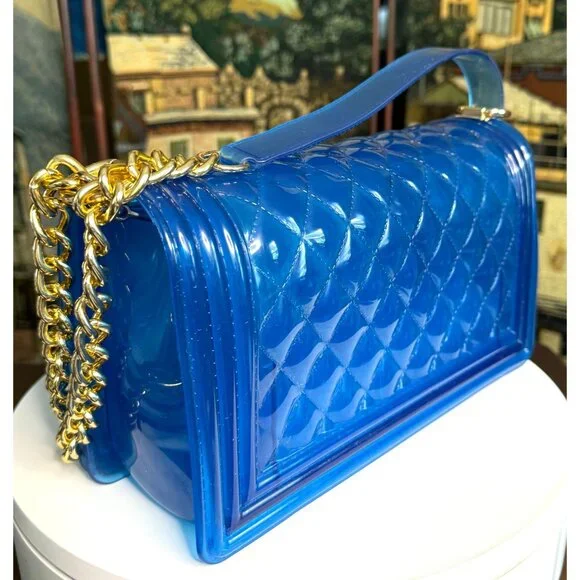 Blue Jelly Shoulder Bag With Chain Strap - Picture 6 of 13